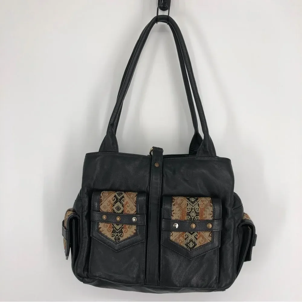 John Cole Satchel Bag‎ Leather Woven Tapestry Bag Black Zip Snaps Boho Chic